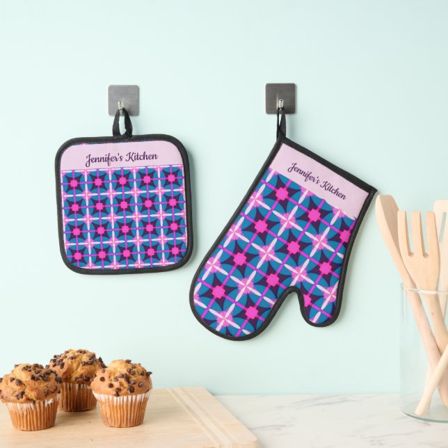 Bold bright colors, Pink, Purple Blue Oven Mitt & Pot Holder Set (Insitu(Hanging))