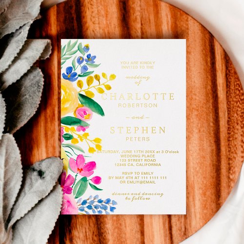 Bold bright country floral watercolor wedding foil invitation