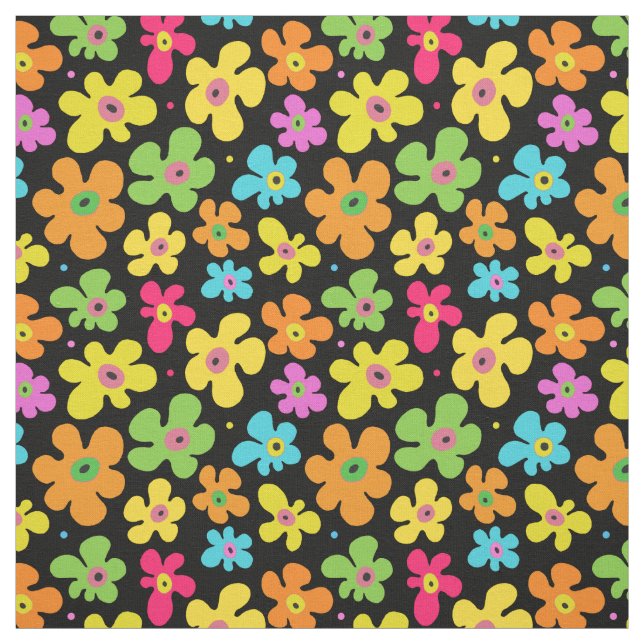 Bold Bright Flowers Pattern on Black Fabric