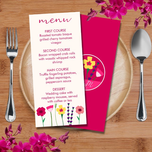 Bold & Bright Fuchsia Pink Colorful Floral Wedding Menu (Creator Uploaded)