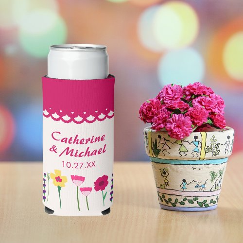 Bold  Bright Fuchsia Pink Colorful Floral Wedding Seltzer Can Cooler