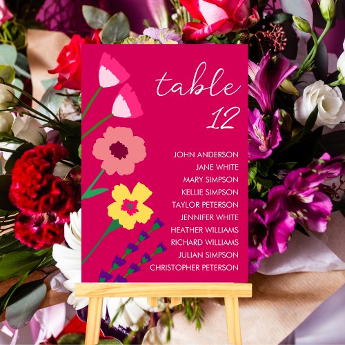 Bold  Bright Fuchsia Pink Colorful Floral Wedding Table Number