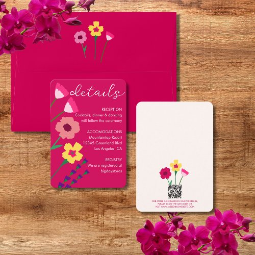 Bold  Bright Fuchsia Pink Floral Wedding QR Code Enclosure Card