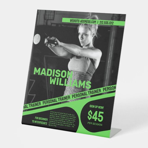 Bold Bright Green Personal Trainer Photo Pedestal Sign