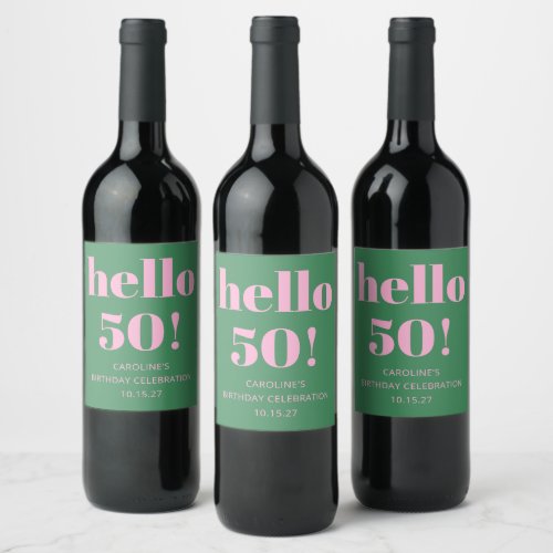 Bold Bright Modern Retro Pink Green 50th Birthday Wine Label