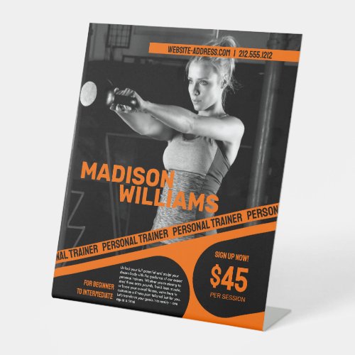 Bold Bright Orange Personal Trainer Photo Pedestal Sign