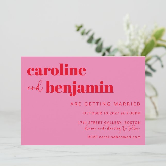 Bold Bright Pink and Red Chic Modern Wedding Invitation (Standing Front)