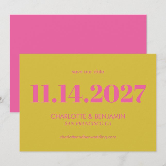 Bold Bright Pink and Yellow Typography Modern  Save The Date (Front/Back)