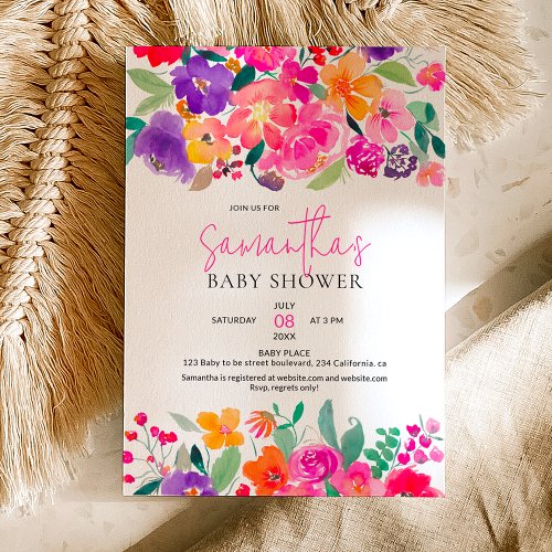 Bold bright pink floral watercolor baby shower invitation