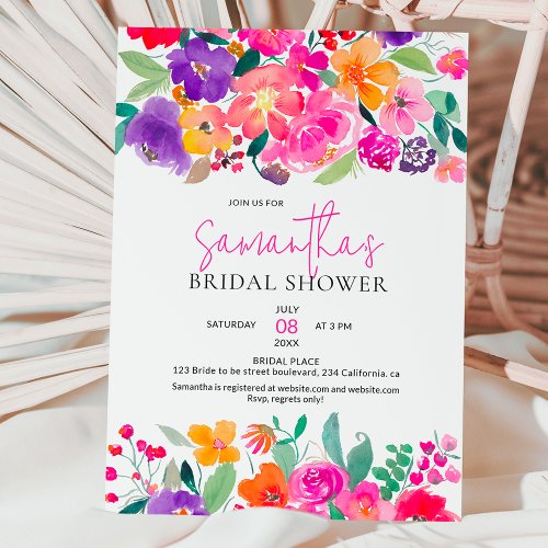 Bold bright pink floral watercolor bridal shower invitation