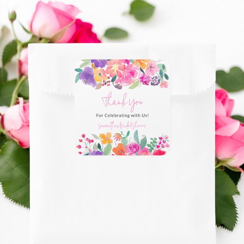 Bold bright pink floral watercolor bridal shower square sticker