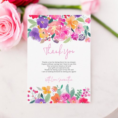 Bold bright pink floral watercolor bridal shower thank you card