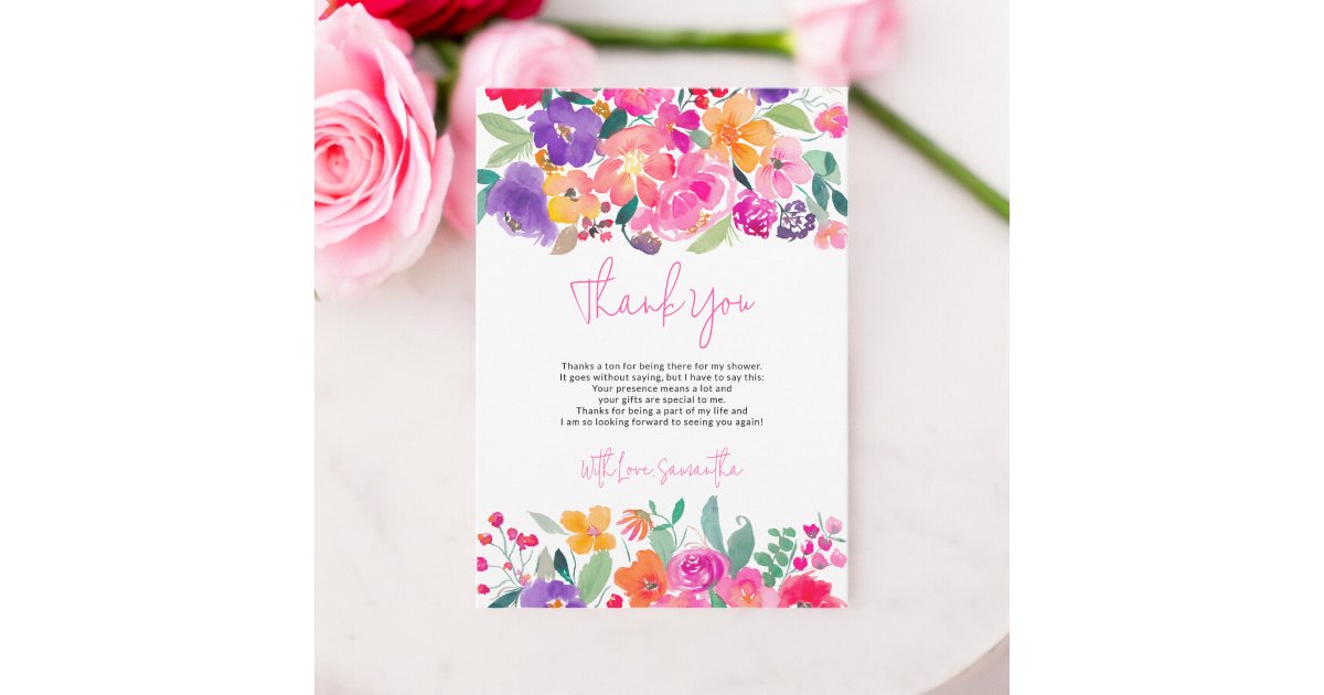 Bold bright pink floral watercolor bridal shower thank you card | Zazzle
