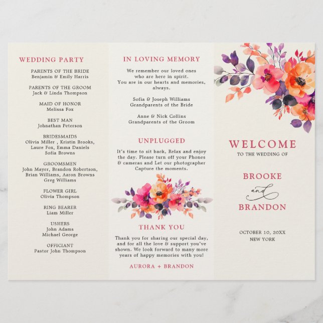 Bold Bright Pink Orange  Tri fold wedding Program  (Front)