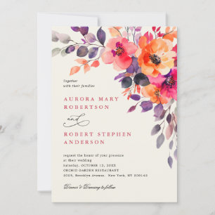 Bold Bright Pink Orange Watercolor Elegant Wedding Invitation
