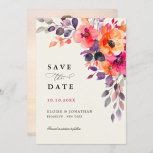 Bold Bright Pink Orange Watercolor Floral Photo Save The Date