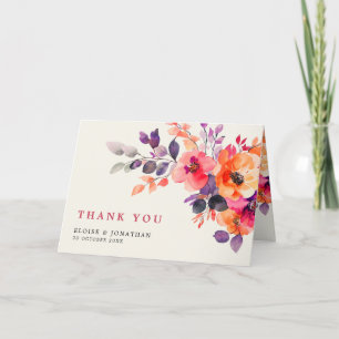 Bold Bright Pink Orange Watercolor Floral Wedding Letterpress Thank You Card