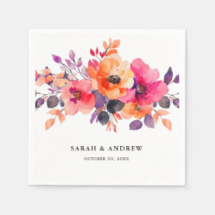 Bold Bright Pink Orange Watercolor Floral Wedding Napkins