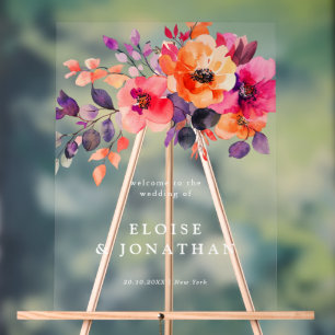 Bold Bright Pink Orange Watercolor Floral Welcome Acrylic Sign