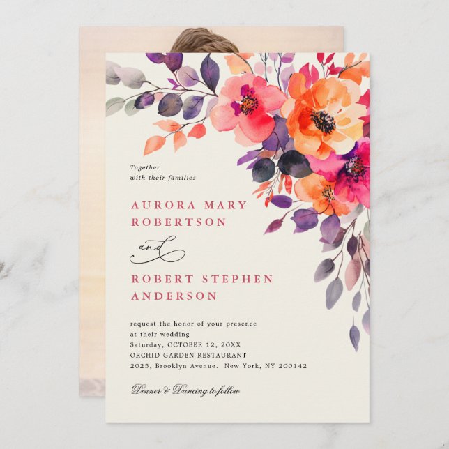 Bold Bright Pink Orange Watercolor Photo Wedding   Invitation (Front/Back)