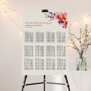 Bold Bright Pink Orange Watercolor  Seating Chart Foam Board
