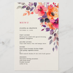Bold Bright Pink Orange Watercolor Wedding Menu