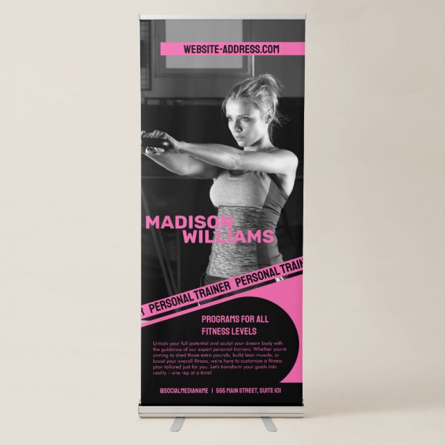 Bold Bright Pink Personal Trainer Photo Retractable Banner (Front)