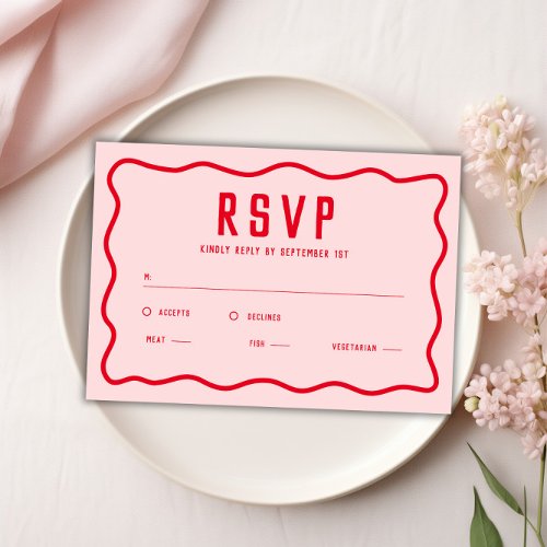 Bold Bright Pink Red Squiggle Wavy Retro Curve RSVP Card
