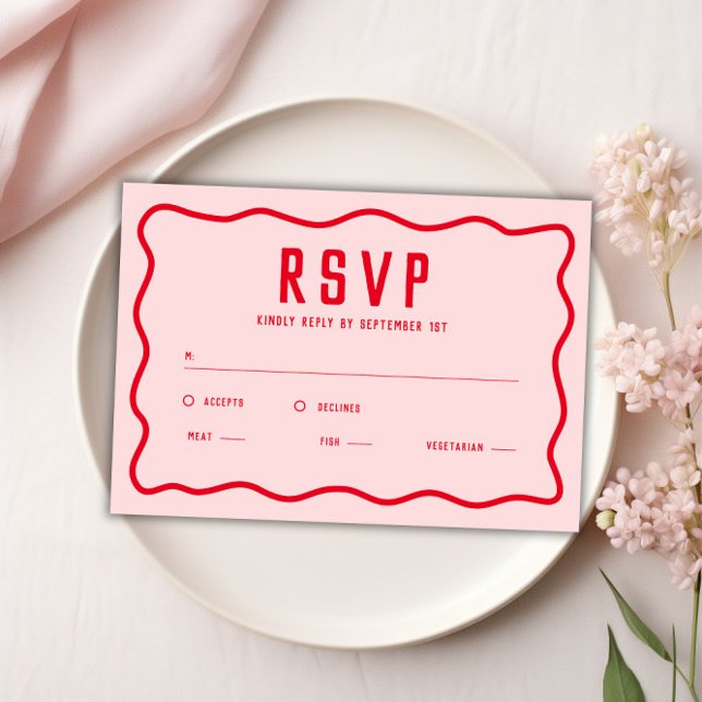 Bold Bright Pink Red Squiggle Wavy Retro Curve RSVP Card (Bold Bright Pink Red Squiggle Wavy Retro Curve RSVP Card)