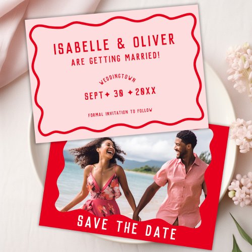 Bold Bright Pink Red Squiggle Wavy Retro Photo Save The Date