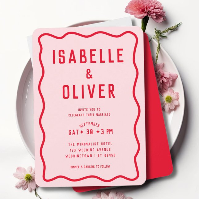Bold Bright Pink Red Squiggle Wavy Retro Wedding Invitation (Creator Uploaded)