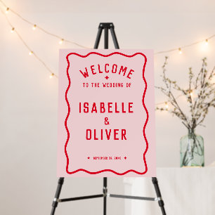 Bold Bright Pink Red Wavy Wedding Welcome Sign