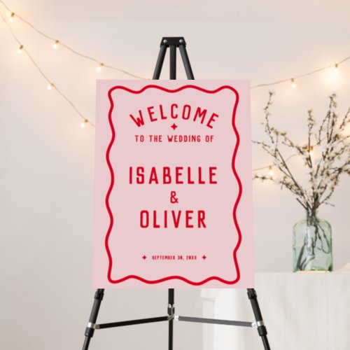 Bold Bright Pink Red Wavy Wedding Welcome Sign