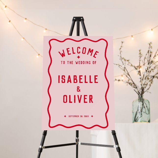 Bold Bright Pink Red Wavy Wedding Welcome Sign (In Situ (Stand))