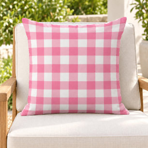 Bold Bright Pink White Gingham Plaid Check Outdoor Pillow