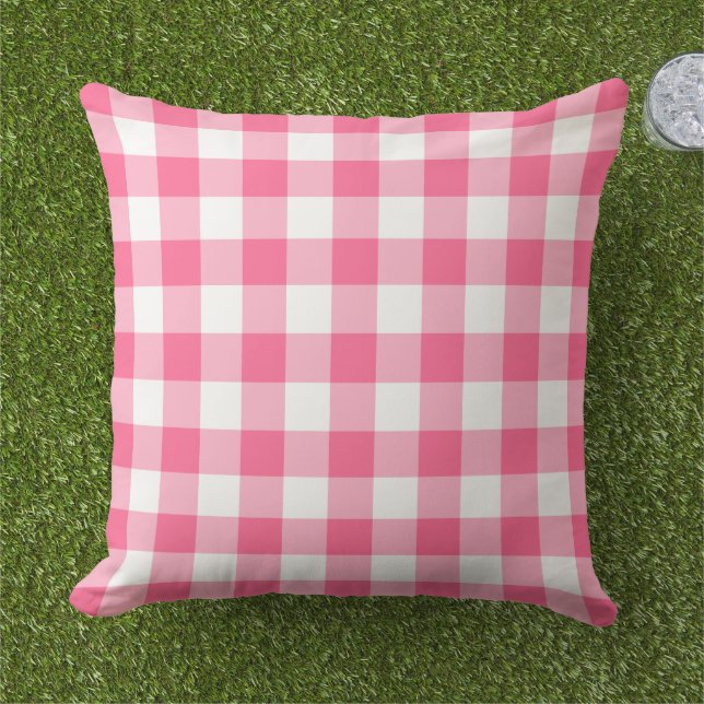 Bold Bright Pink White Gingham Plaid Check Outdoor Pillow (Grass)