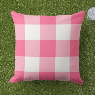 Bold Bright Pink White Large Gingham Check Outdoor Pillow