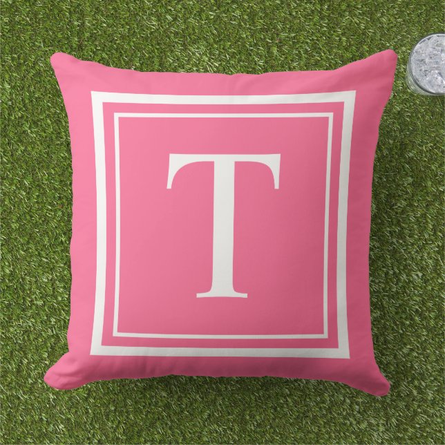 Bold Bright Pink White Square Frame Monogram Outdoor Pillow (Grass)