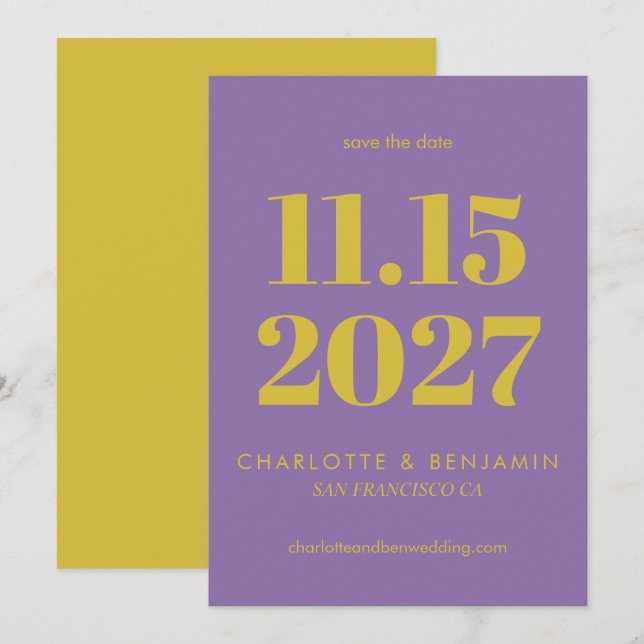 Bold Bright Purple and Yellow Typography Modern Save The Date (Front/Back)