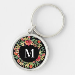 Bold Bright Red Green Floral Watercolor Monogram Keychain