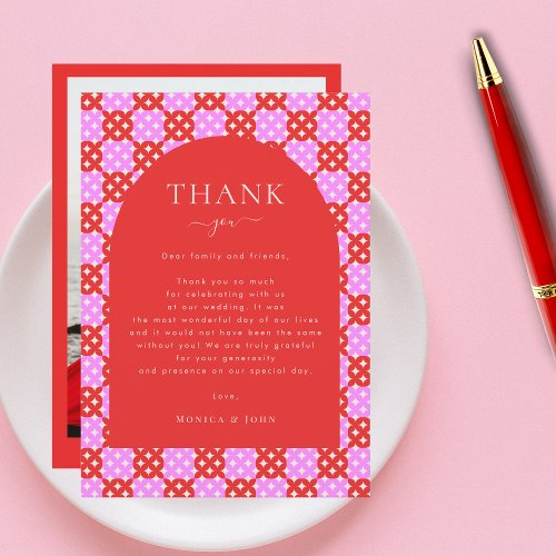 Bold Bright Red Pink Mid Century Mod Photo Wedding Thank You Card