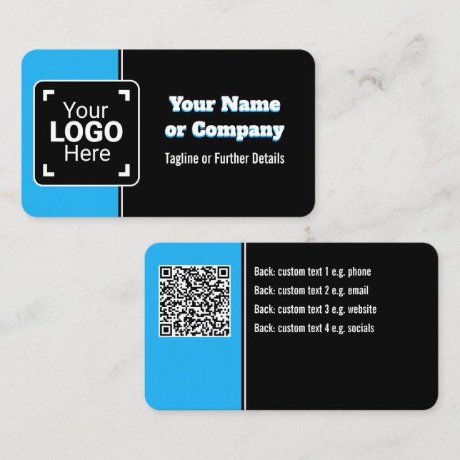 Bold, Bright Sky Blue, Black & White Own Brand Business Card (Front/Back)