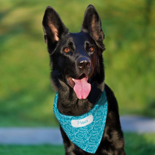 Bold Bright Turquoise with Ball and Bone Pattern Pet Bandana Collar