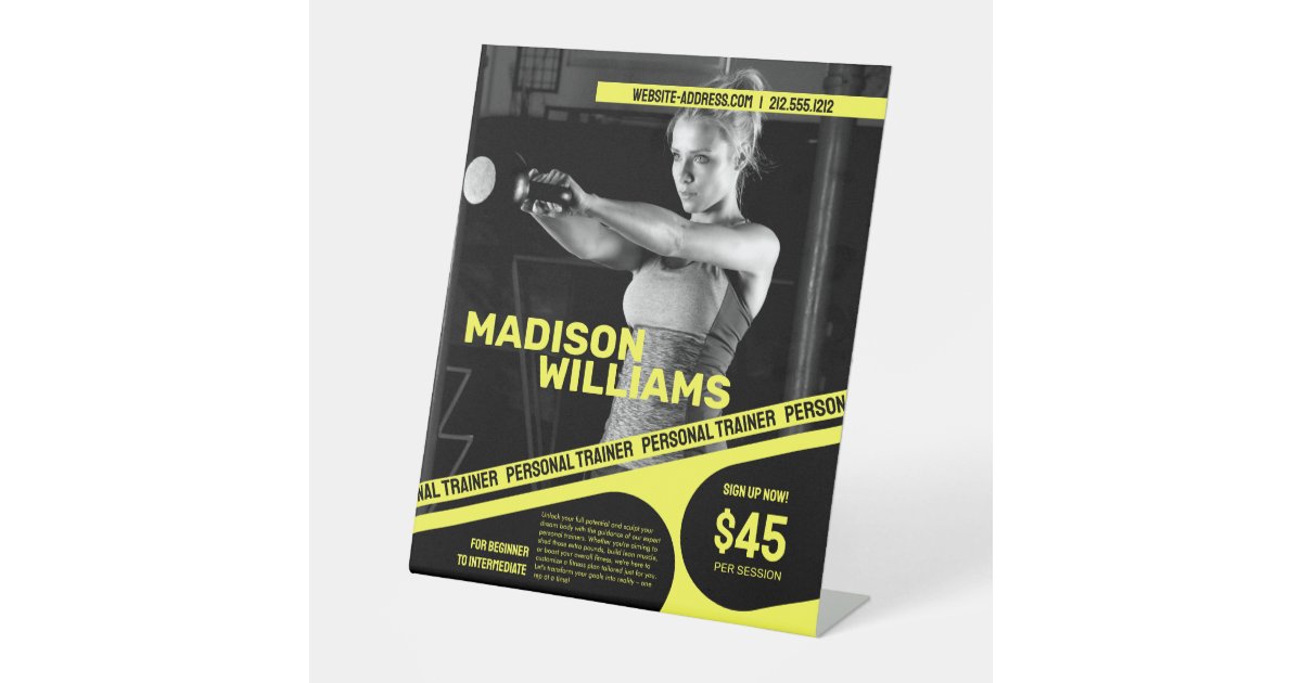 Bold Bright Yellow Personal Trainer Photo Pedestal Sign | Zazzle