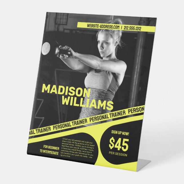 Bold Bright Yellow Personal Trainer Photo Pedestal Sign (Front)