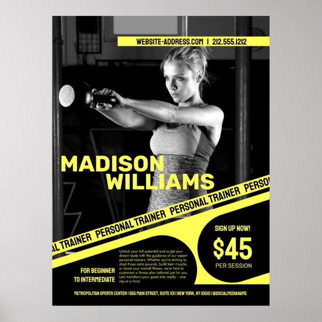 Bold Bright Yellow Personal Trainer Photo Poster (Front)
