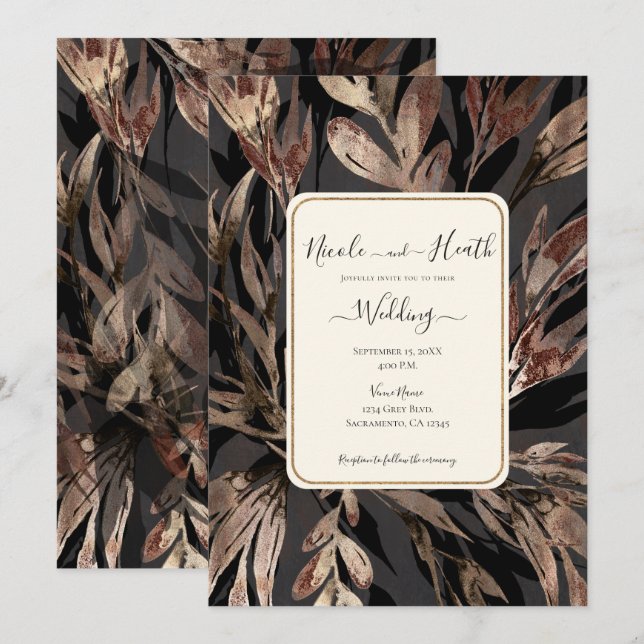 Bold Bronzy Floral Botanical Chic Wedding  Invitation (Front/Back)