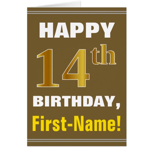 Bold Brown Faux Gold 14th Birthday w Name Card