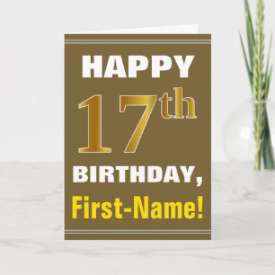Bold, Brown, Faux Gold 17th Birthday w/ Name Card
