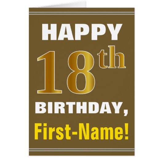 Bold, Brown, Faux Gold 18th Birthday w/ Name Card (Front)